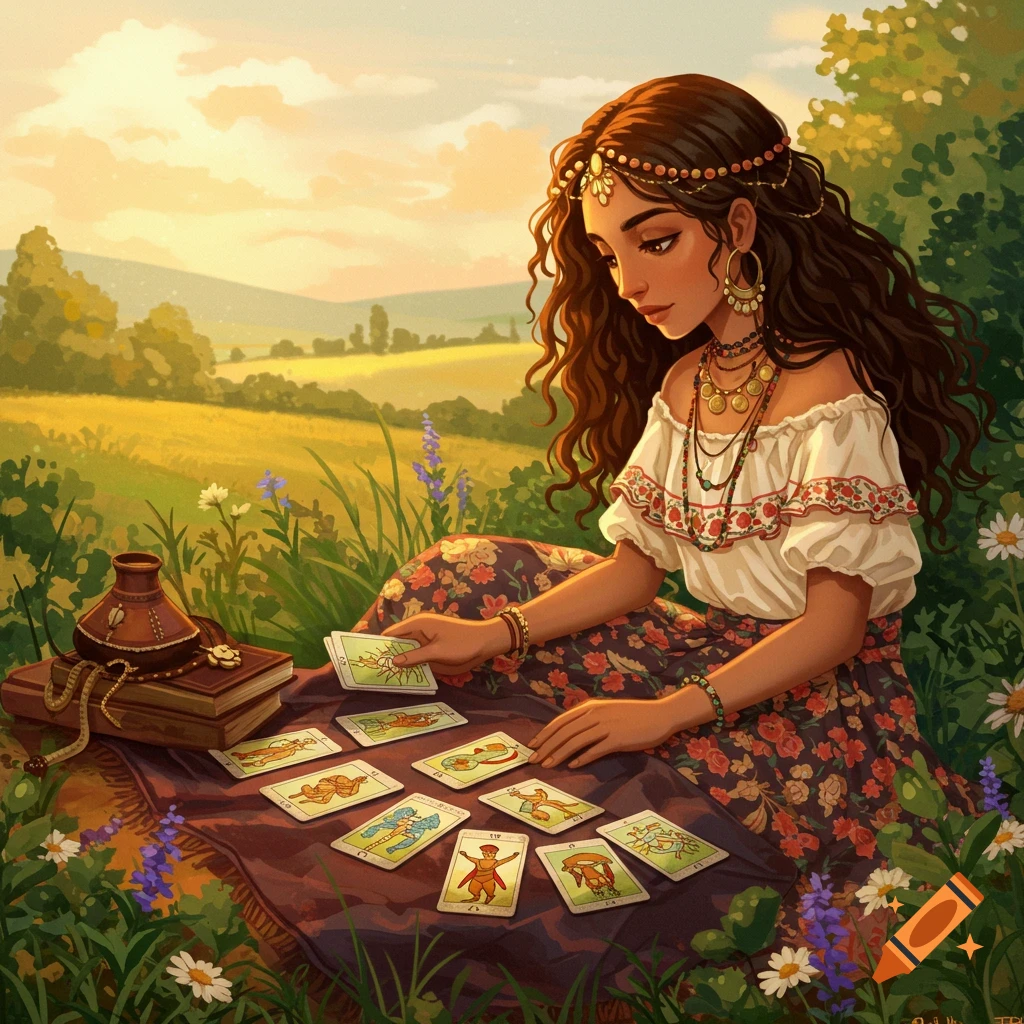 A woman reads tarot cards in a field at sunset.