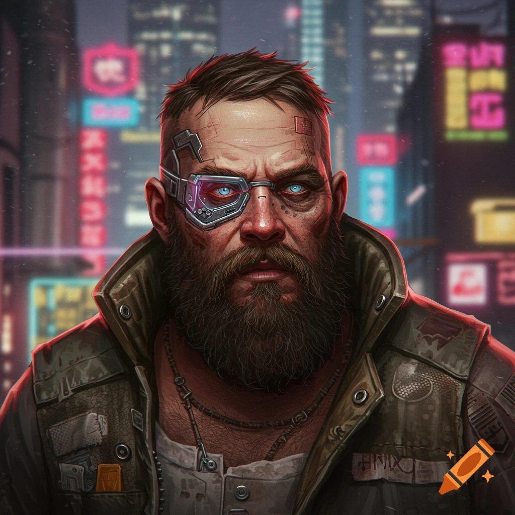 A rugged bearded man with a cybernetic eye is in a cyberpunk city.