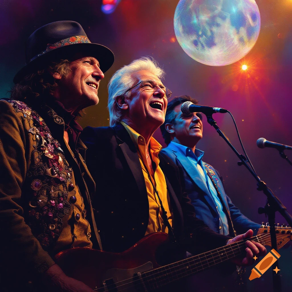 Three musicians performing on stage with a large moon and colorful lights in the background, digital art.