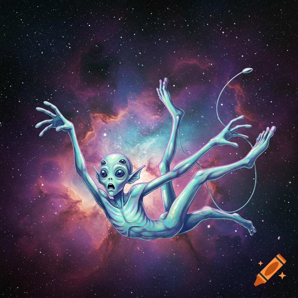 A three-eyed alien with multiple limbs falls through space, reaching out against a nebula background. Digital art.