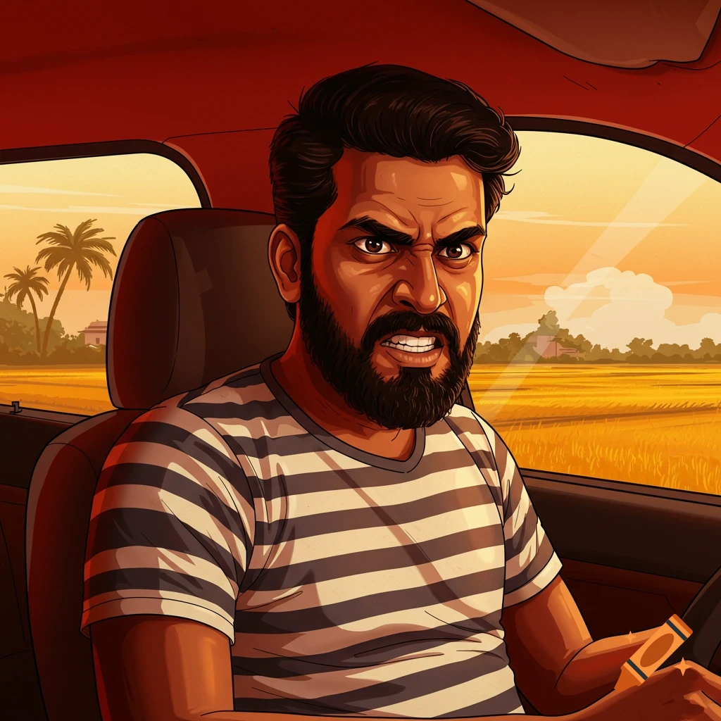 An angry man with a beard is driving a car.