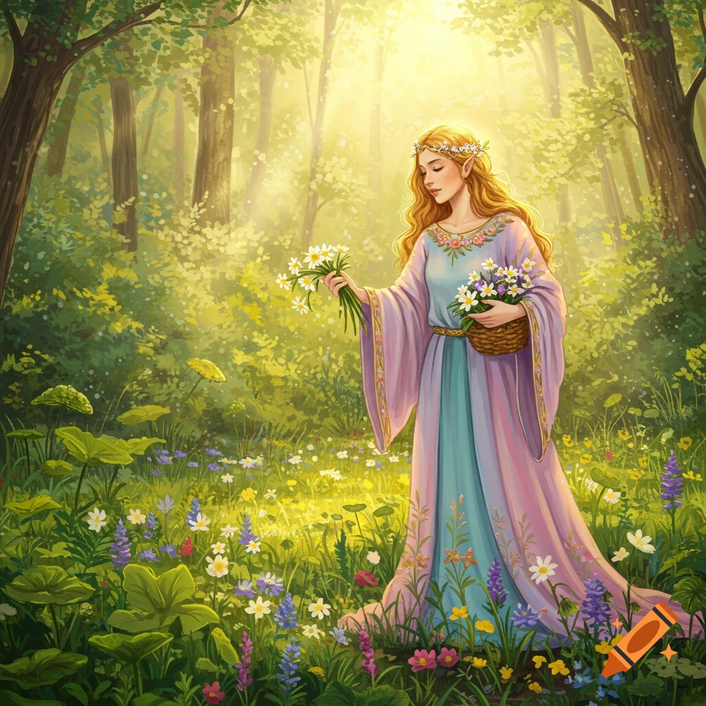 A fantasy illustration of a woman with blonde hair and a floral crown, wearing a flowing gown, gathering flowers in a sunlit forest.
