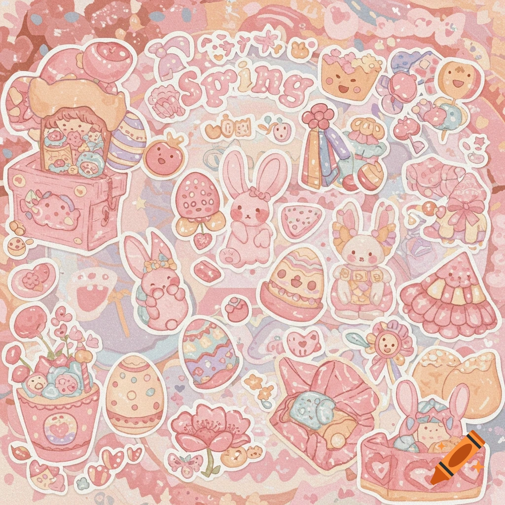 A pastel pink sticker sheet with cute bunnies, decorated Easter eggs, flowers, and spring-themed items.