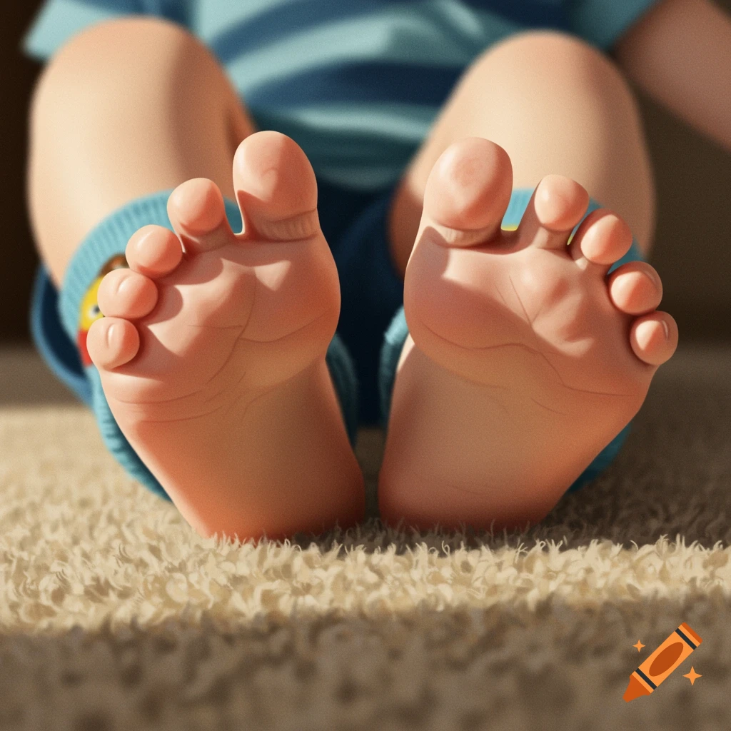 Close-up of child's bare feet on a fluffy carpet