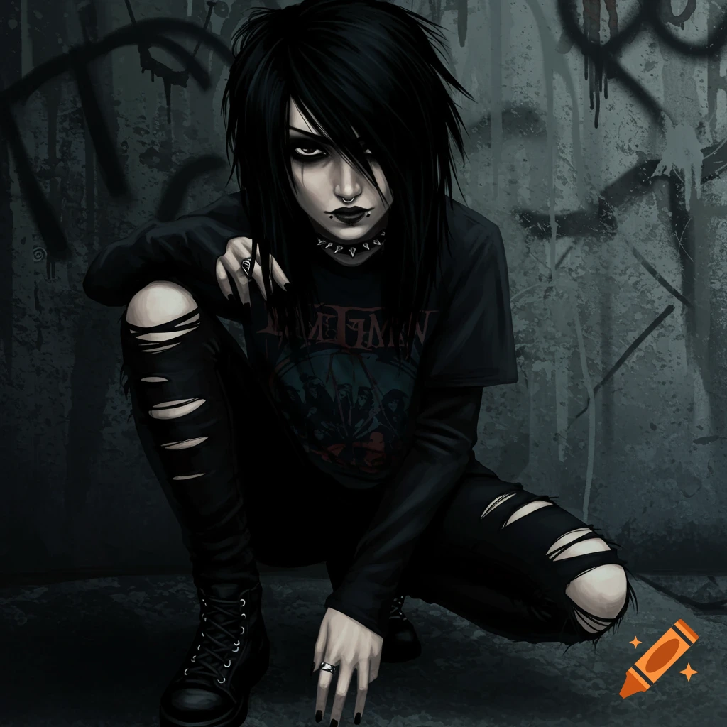 A person in emo style clothing and makeup is crouching against a grunge wall.