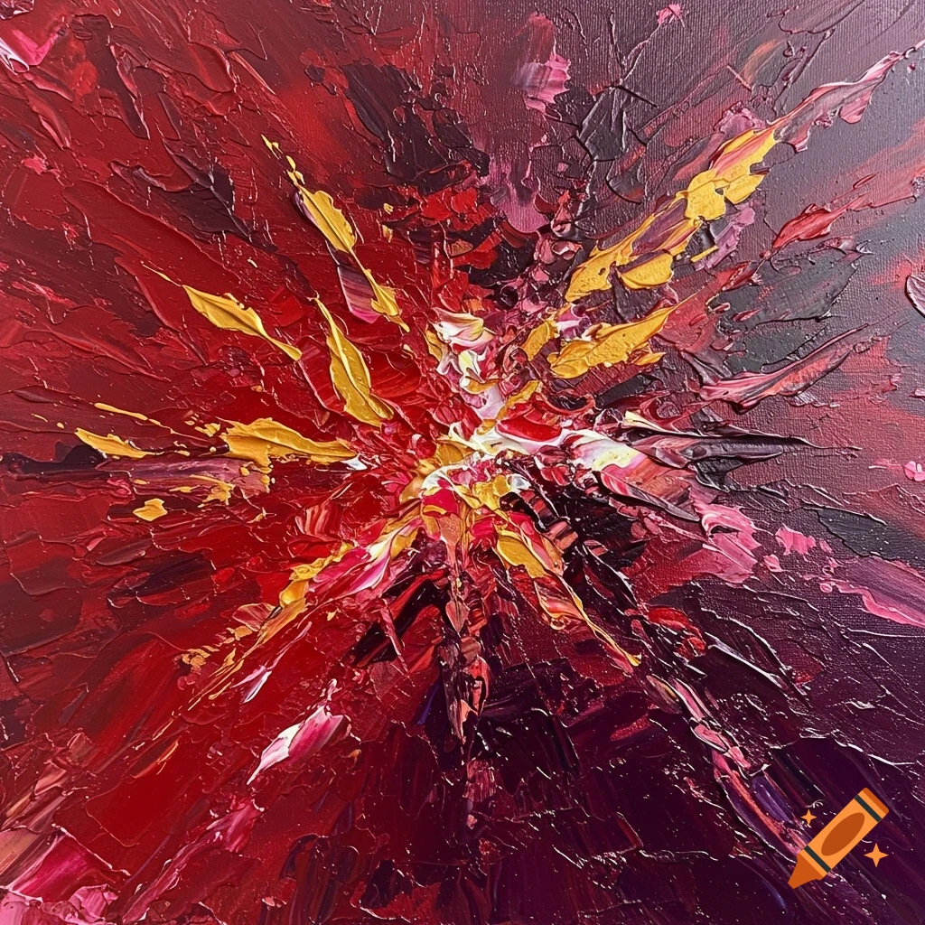 Textured abstract painting with red, gold, and purple colors exploding from the center.