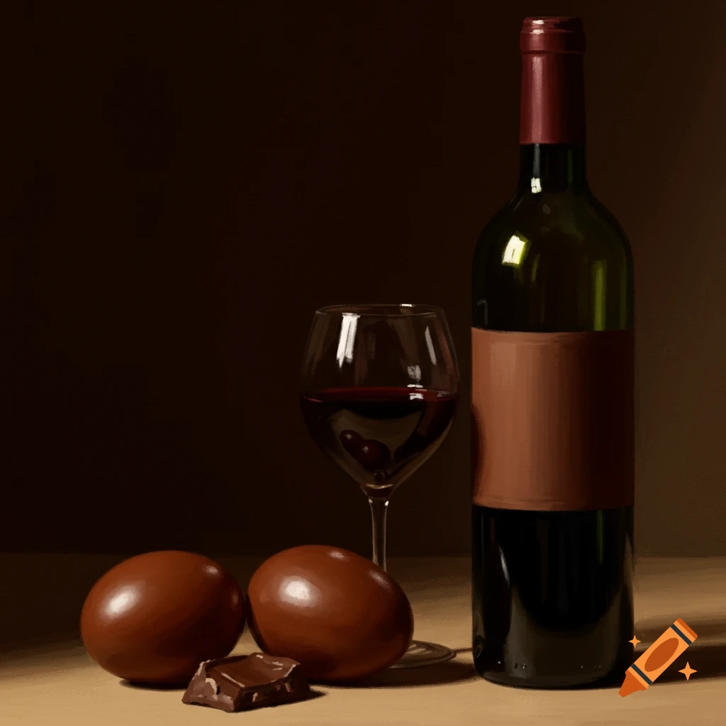 Still life of a wine bottle, wine glass, two chocolate eggs, and a piece of chocolate.