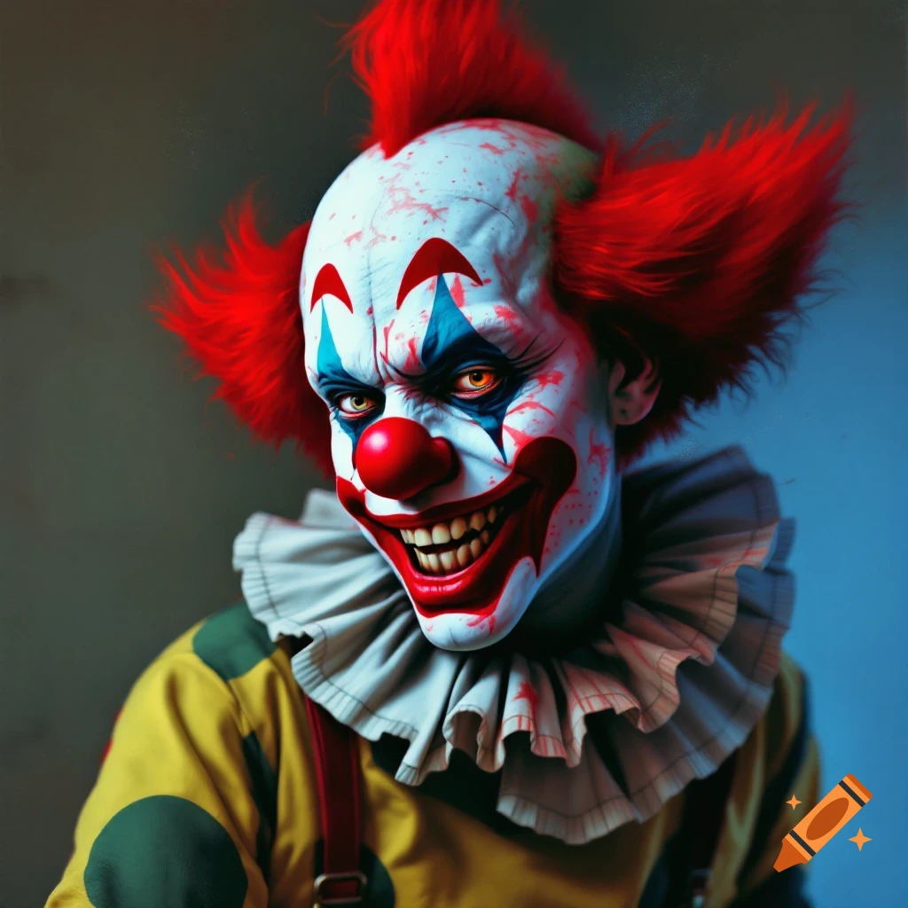 A scary clown with red hair, creepy makeup, sharp teeth, and a ruffled collar.
