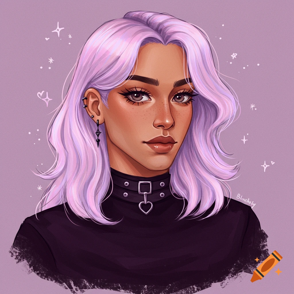 Portrait of a person with purple hair, wearing a black turtleneck and choker.