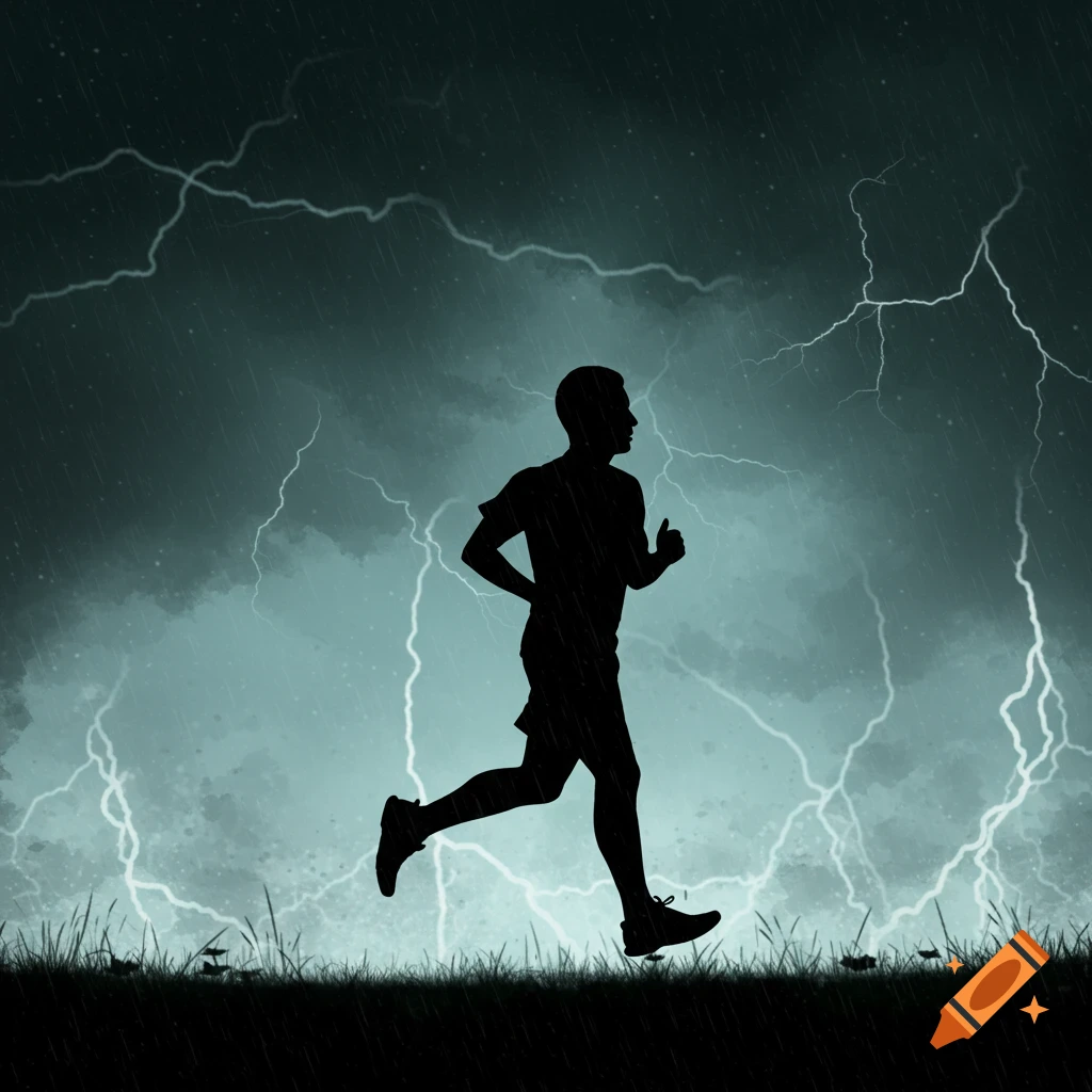 Silhouette of a runner against a stormy sky with lightning and rain.