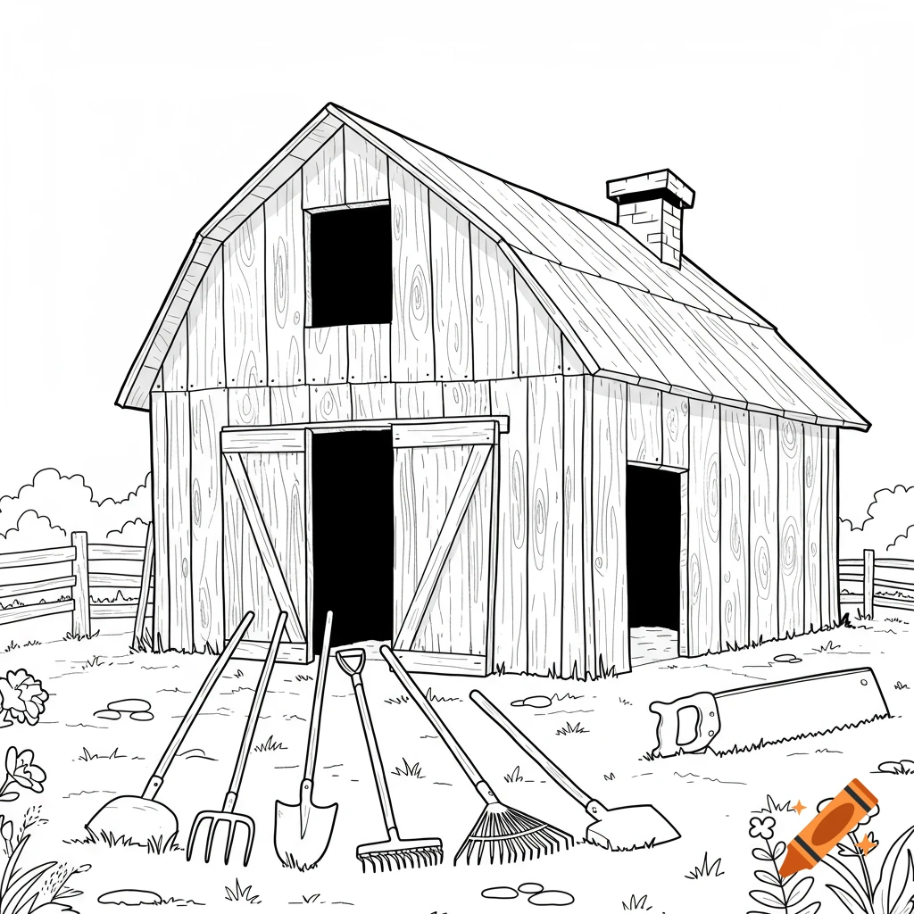 Line drawing of a barn with farm tools in front, coloring book style