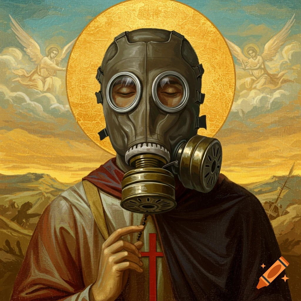 Painting of a saint wearing a gas mask, with a halo and angels, in a desolate landscape.