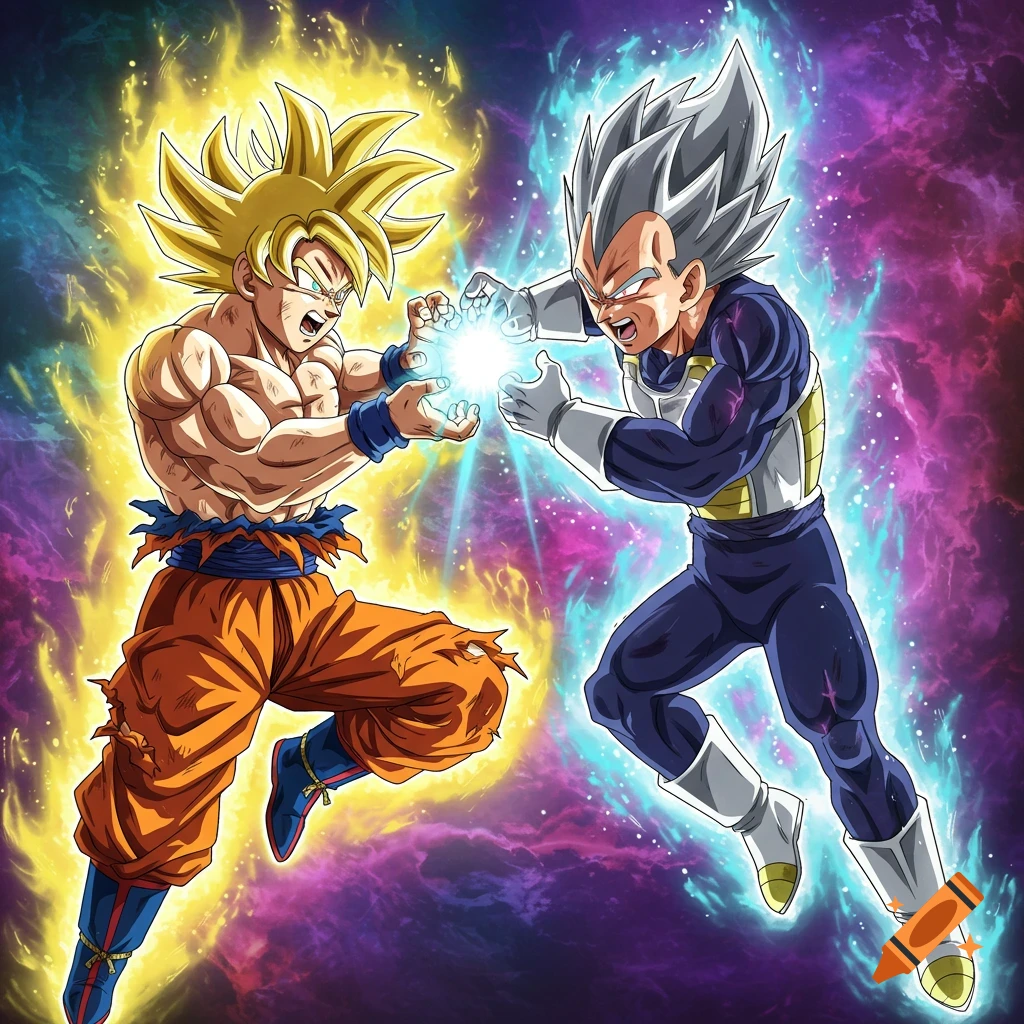 Ultra Instinct Goku battling Ultra Ego Vegeta with energy auras in space.
