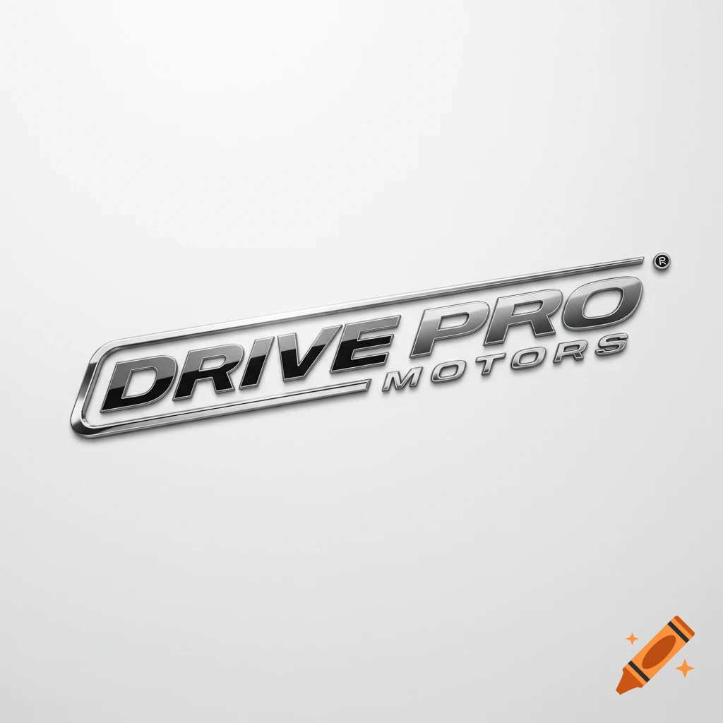 Shiny silver 3D logo for DRIVE PRO MOTORS on a white background.