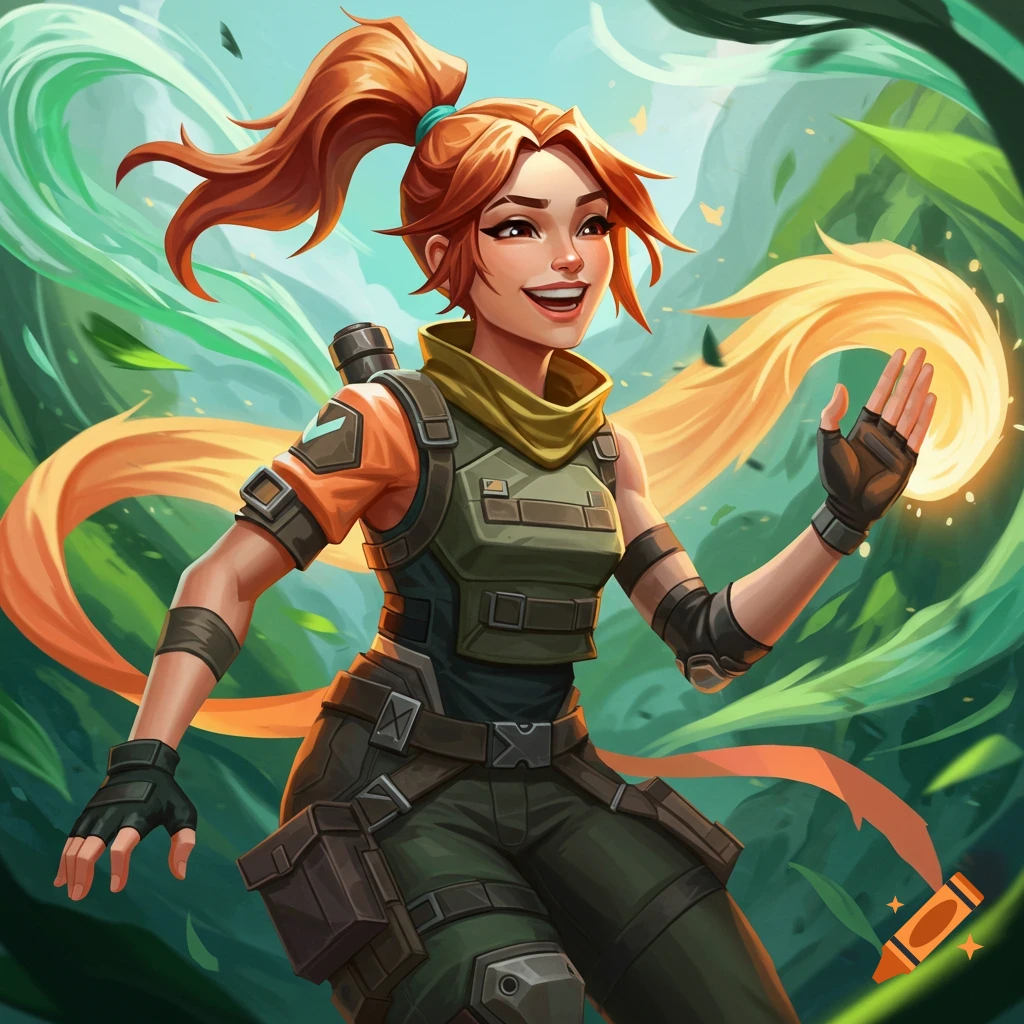 Image of a character in tactical gear smiling in a jungle environment with green and orange swirling elements.