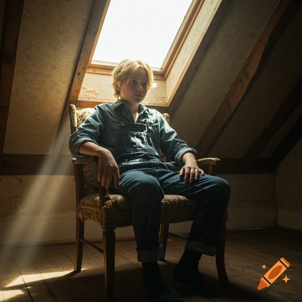Young boy with blond hair sits in a chair in a sun-drenched attic, photorealistic