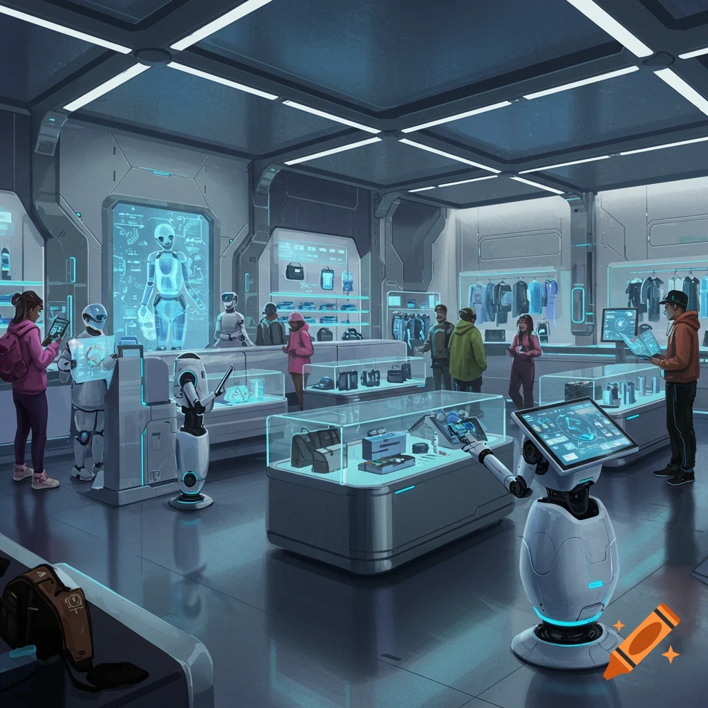 Customers and robots are in a futuristic store filled with glowing displays and products.