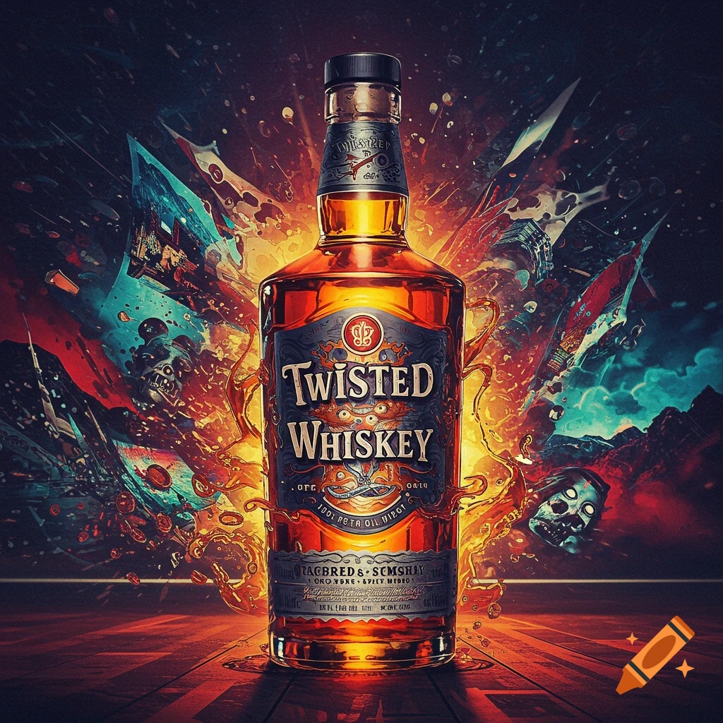 A bottle of whiskey sits against a dramatic, fiery background