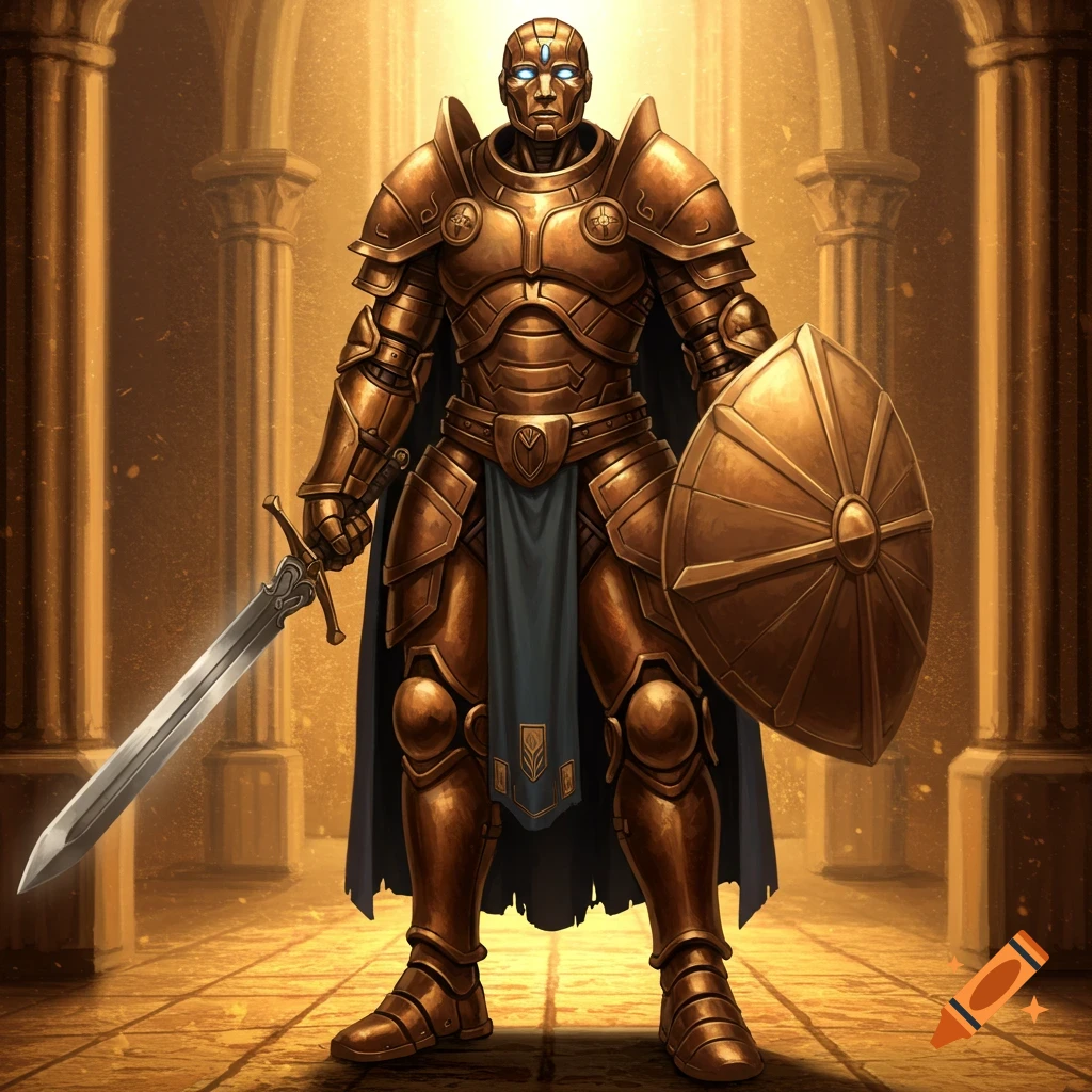 A bronze robotic warrior in armor with sword and shield in a golden temple.