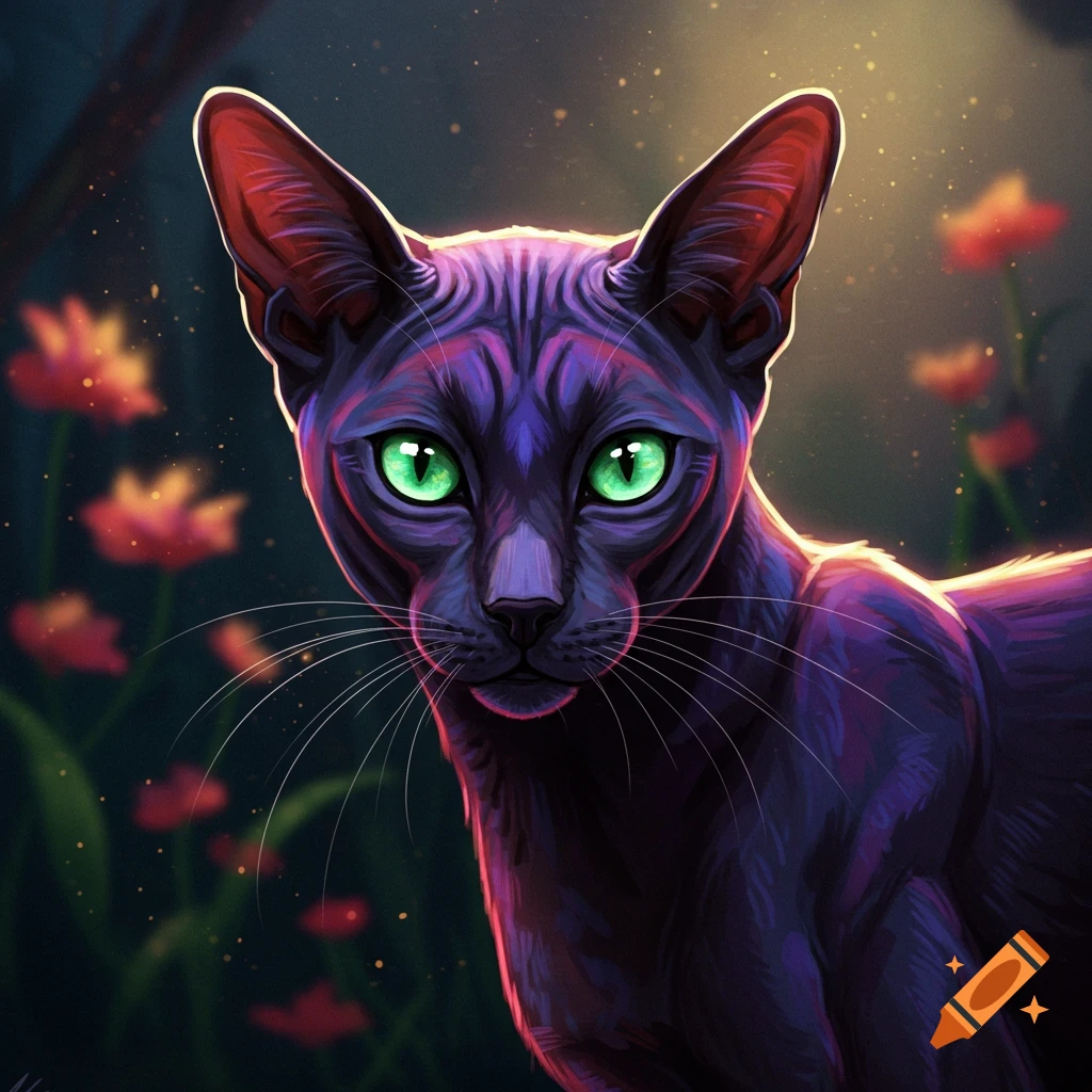 A stylized purple cat with bright green eyes looks forward with a dark background and glowing red flowers.