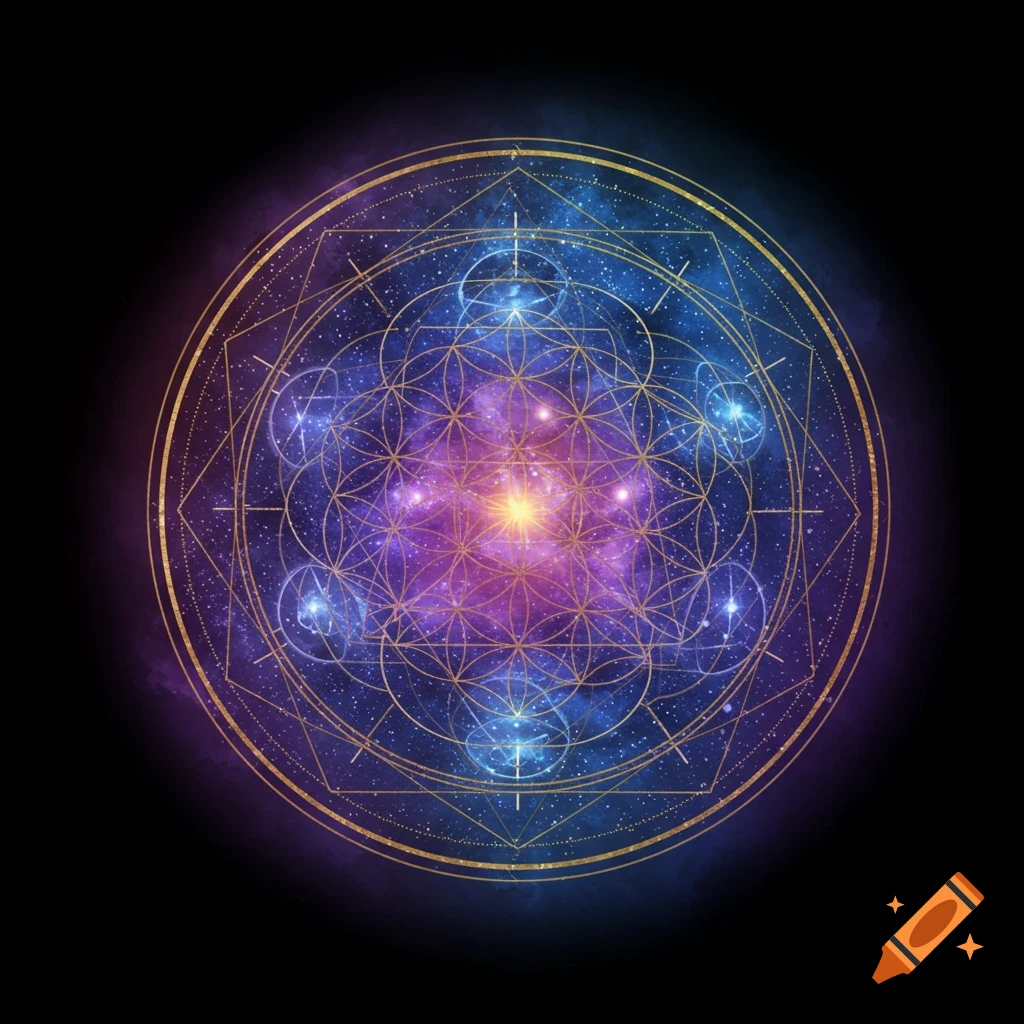 Golden geometric pattern resembling sacred geometry overlaid on a starry purple and blue galaxy background.