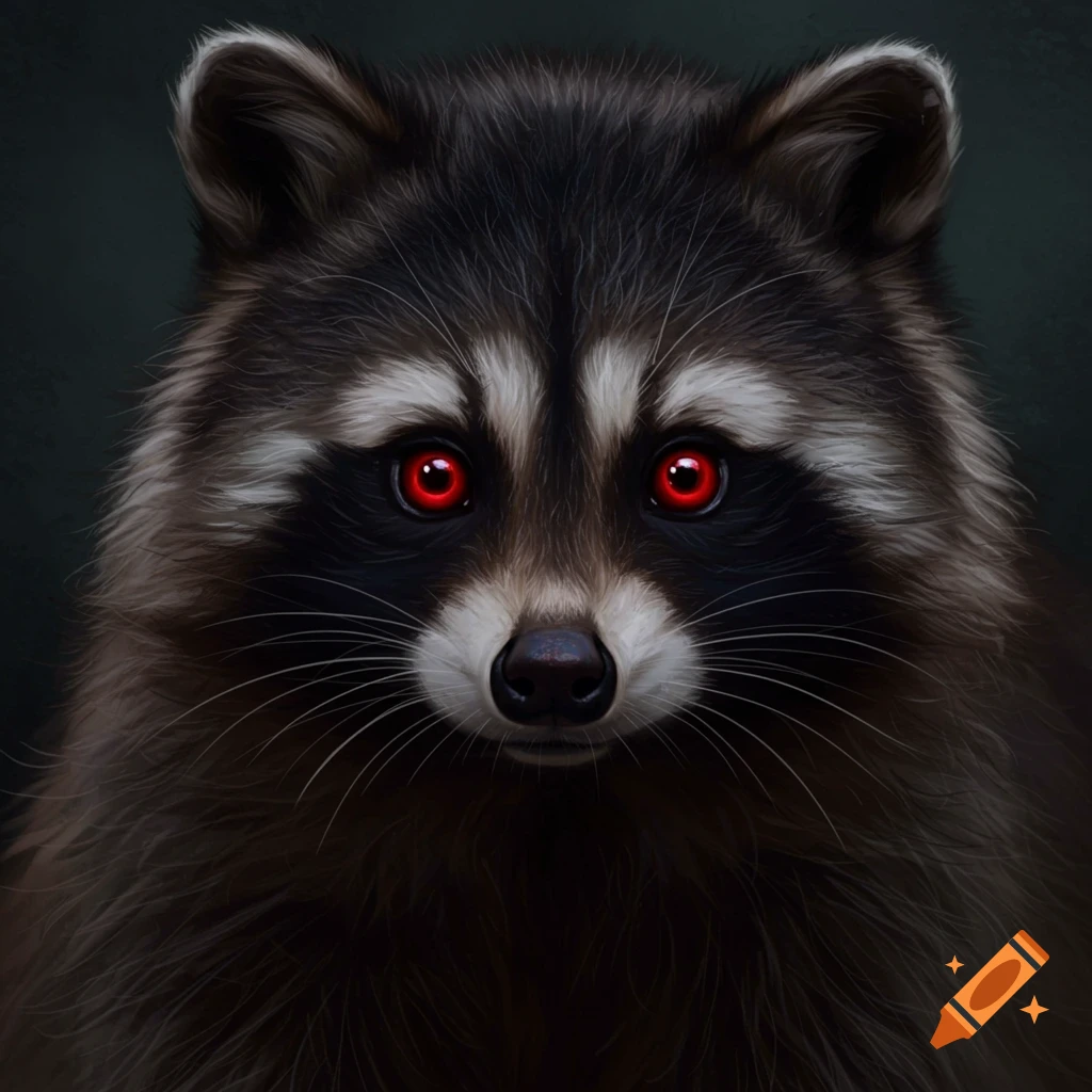 A raccoon with glowing red eyes.