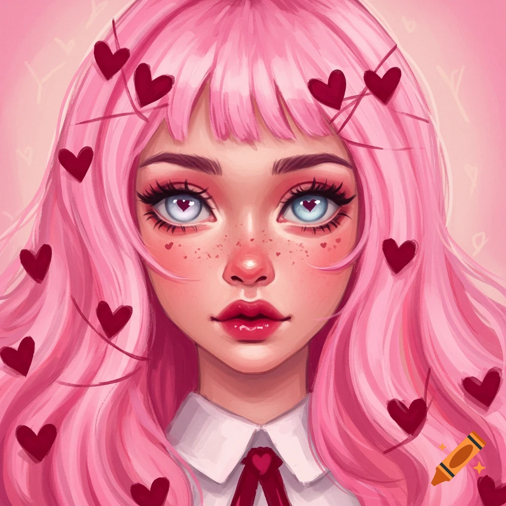 A girl with pink hair and hearts around her face.
