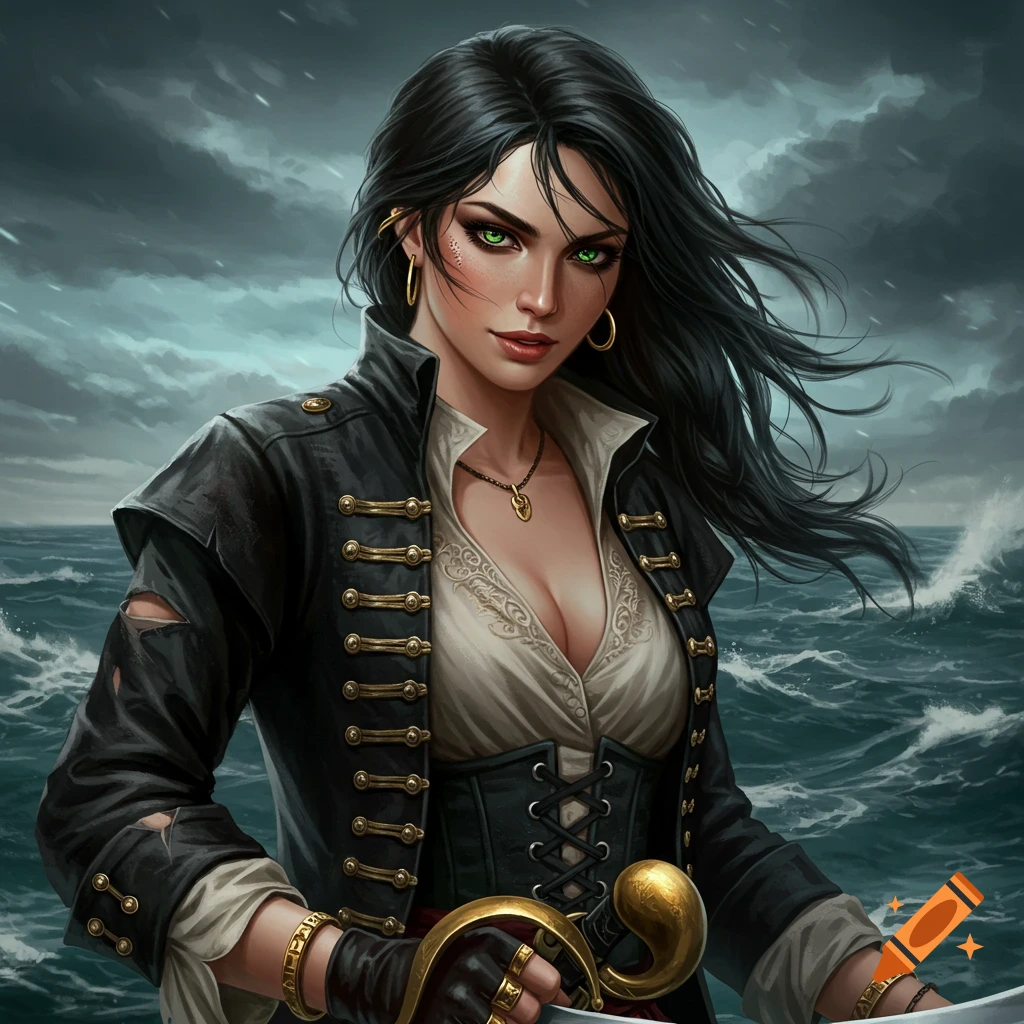 A pirate woman with green eyes and dark hair on a stormy sea.