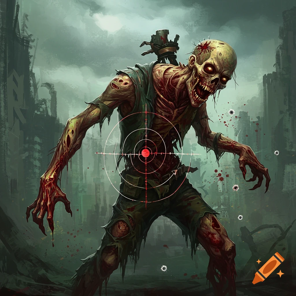 A decaying zombie target with blood and bullet holes in a post-apocalyptic cityscape.