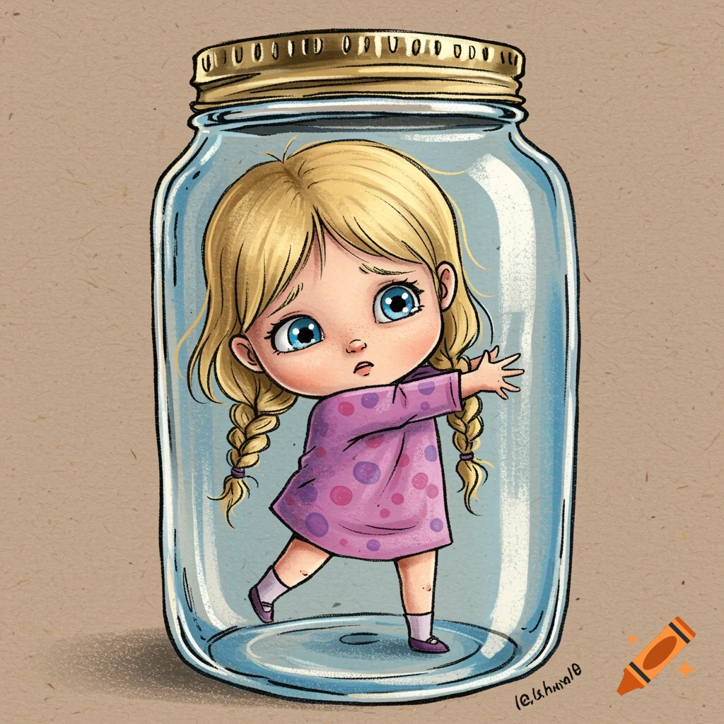 Children's book illustration of a sad blonde girl with pigtails in a glass jar.