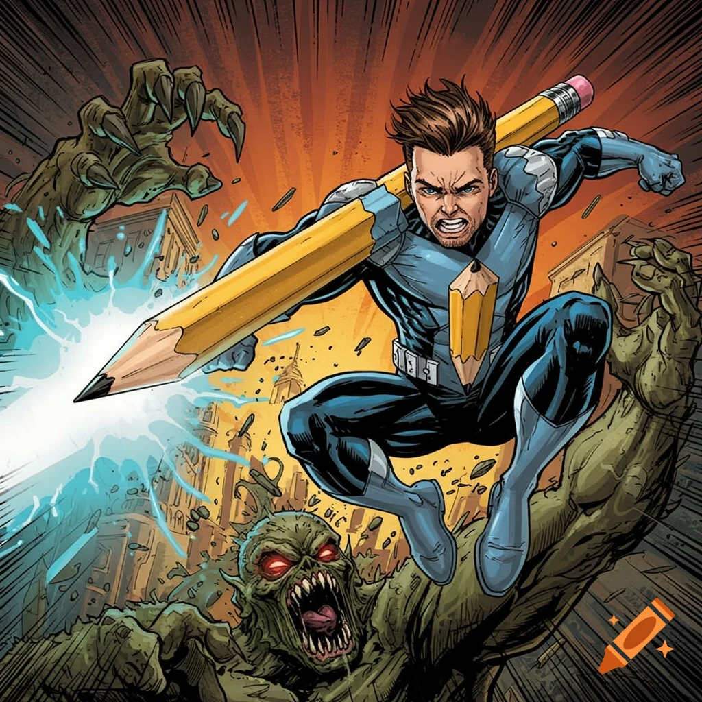 A comic book illustration of a superhero wielding a giant pencil, leaping over a monster in a city.