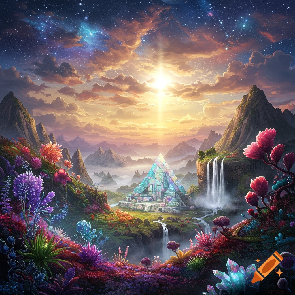 Vibrant fantasy landscape with mountains, waterfalls, crystal pyramid, colorful flowers, and starry sky