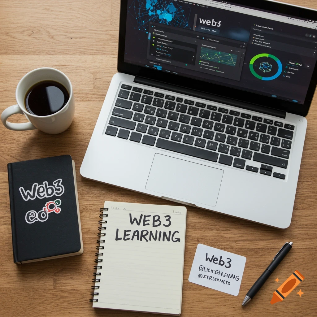 Overhead view of a desk with a laptop showing a Web3 dashboard, coffee, and notebooks including one titled 'Web3 Learning'.