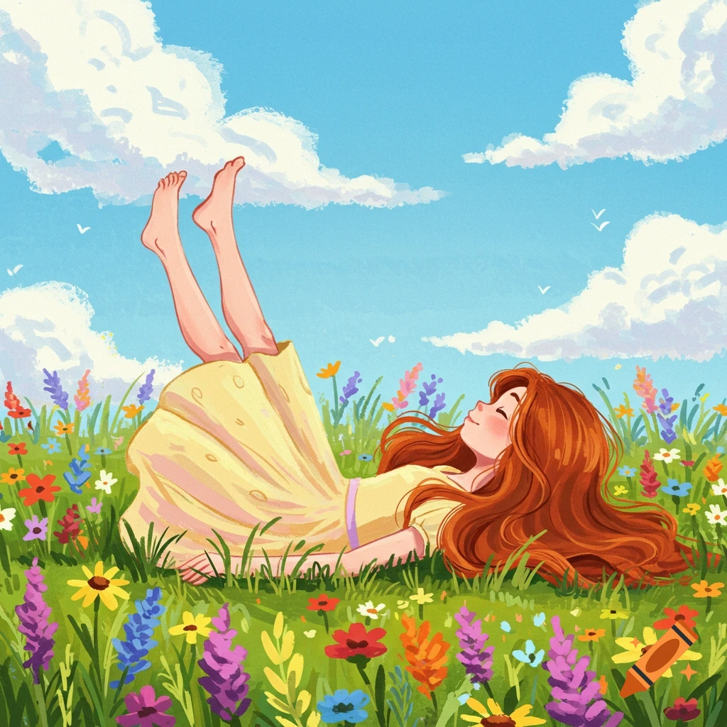 Digital illustration of a girl in a yellow dress lying on her back in a field of colorful flowers, legs up, looking at the sky.