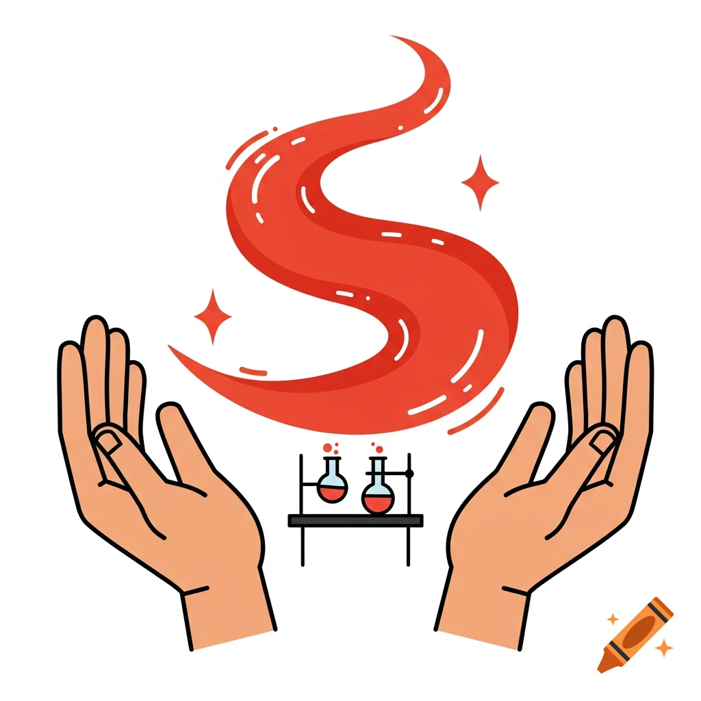 Clip art illustration of hands holding a red swirl over laboratory beakers.