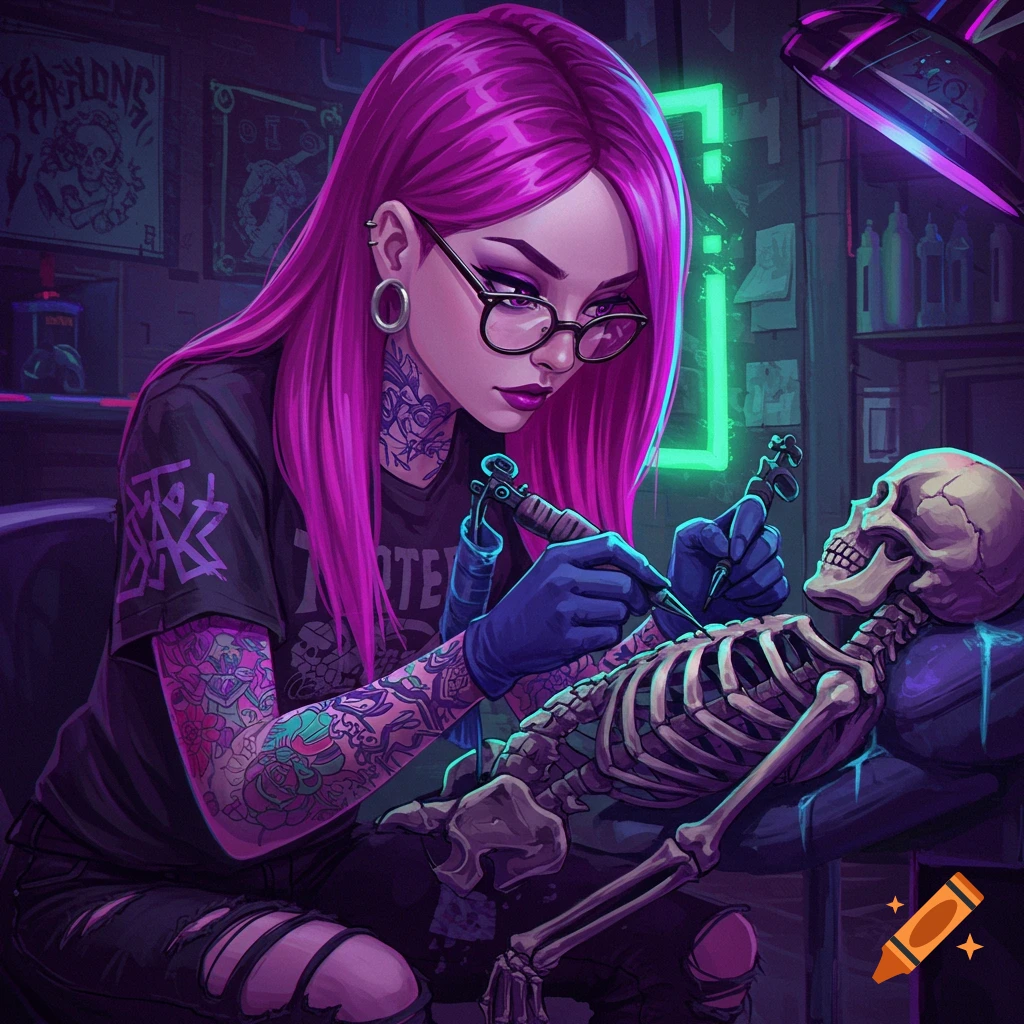 Stylized image of a girl with purple hair and glasses tattooing a skeleton.