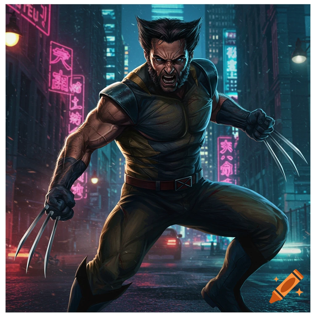Wolverine in a dynamic pose on a cyberpunk city street.