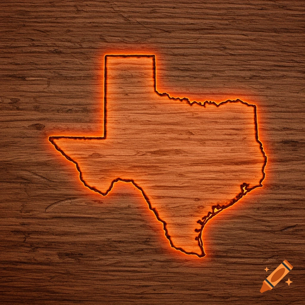 Glowing orange silhouette of the state of Texas burnt into a cedar wood background.