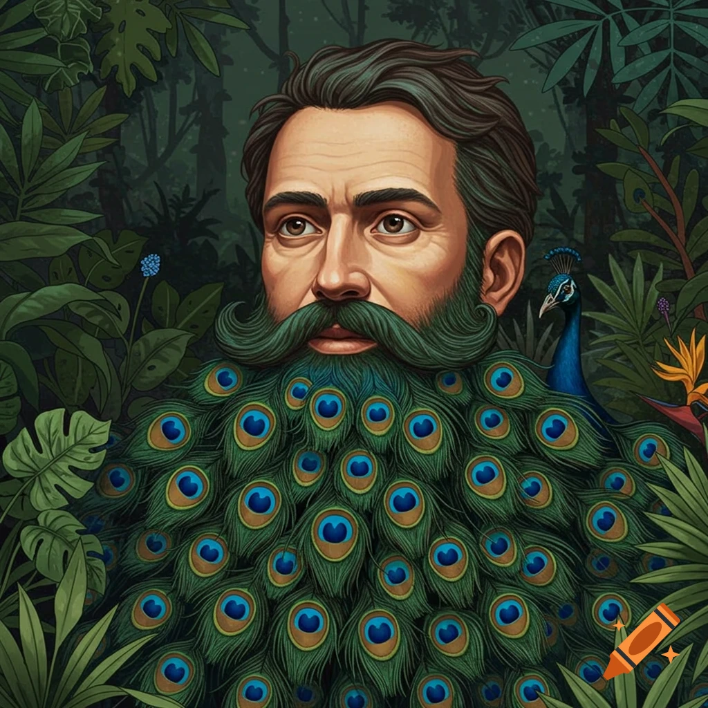 A man with a beard made of peacock feathers is surrounded by jungle leaves.
