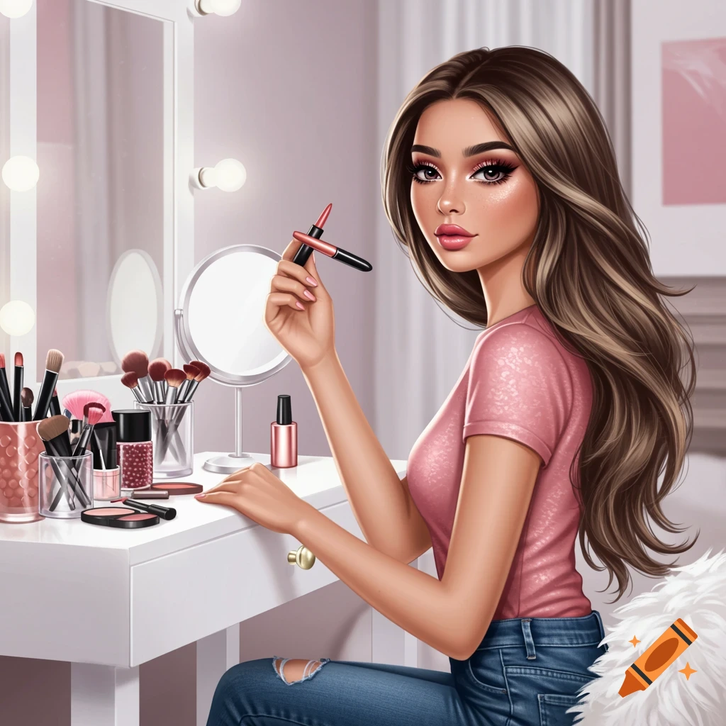 Stylized illustration of a young woman doing her makeup at a vanity.
