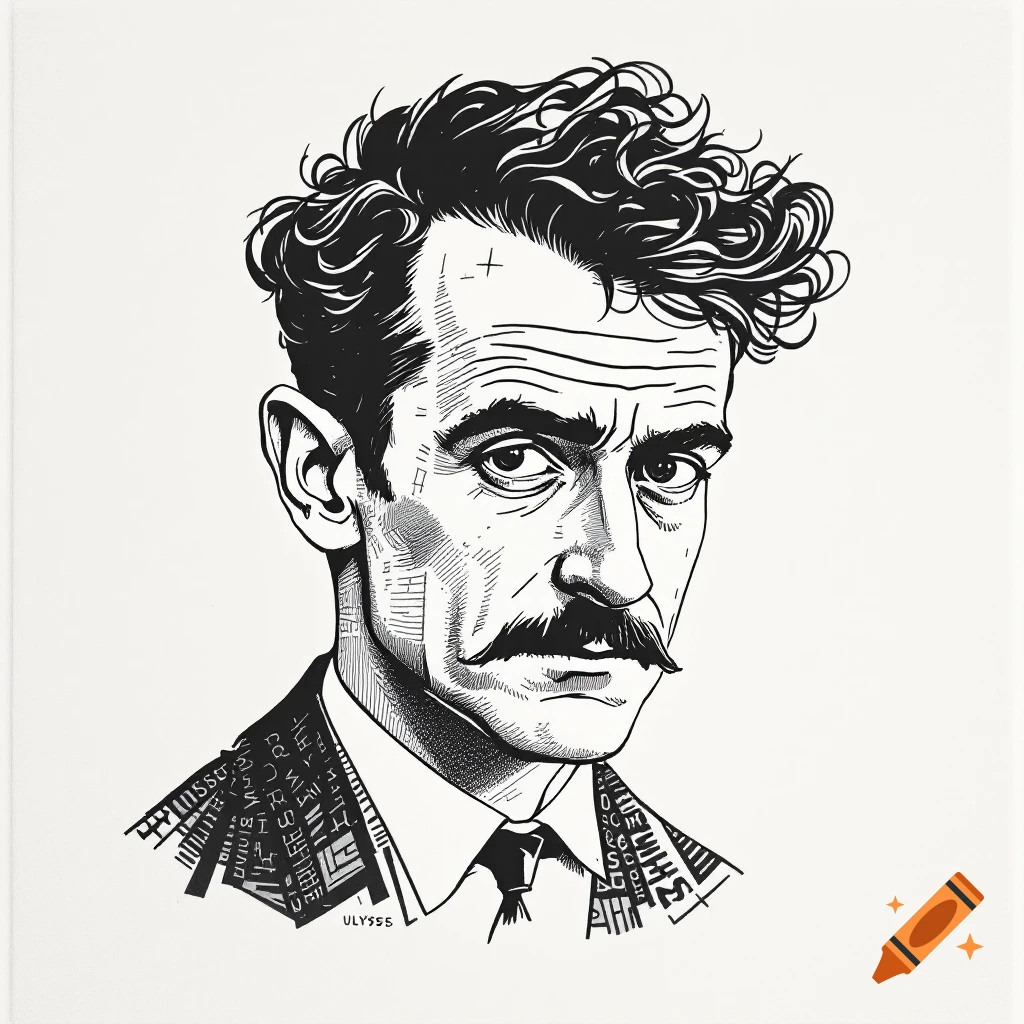 Black and white drawing of a man with a mustache and curly hair, wearing a suit with patterns made of letters, and the word ULYSSS below.