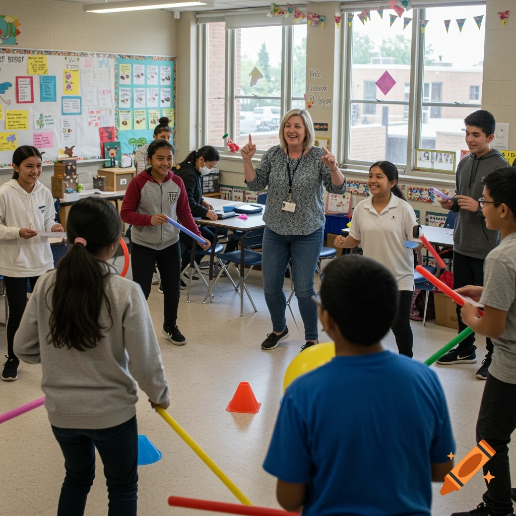 Teacher and students play a game in a colorful classroom.