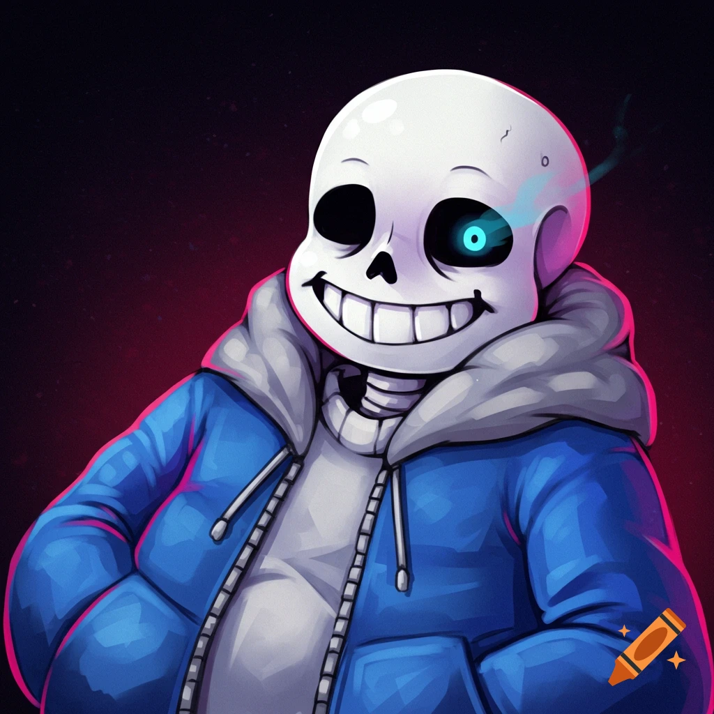 Sans from Undertale wearing a blue hoodie with one glowing eye.