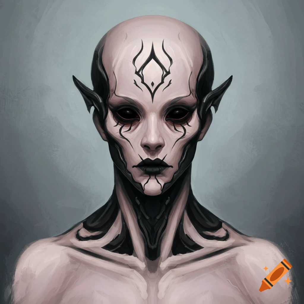 A pale-skinned character with black eyes, pointy ears, and black stylized markings.