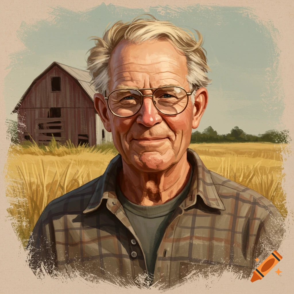 Portrait of an older man with glasses in a rural setting.