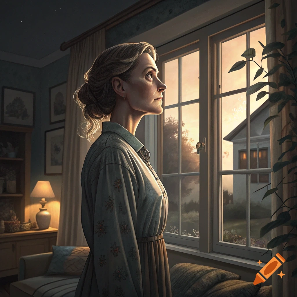Woman looking out a window at sunset from inside a room.