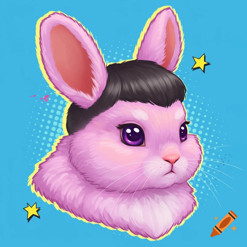 A pink bunny head with a dark haircut and purple eyes against a blue pop-art background with stars.