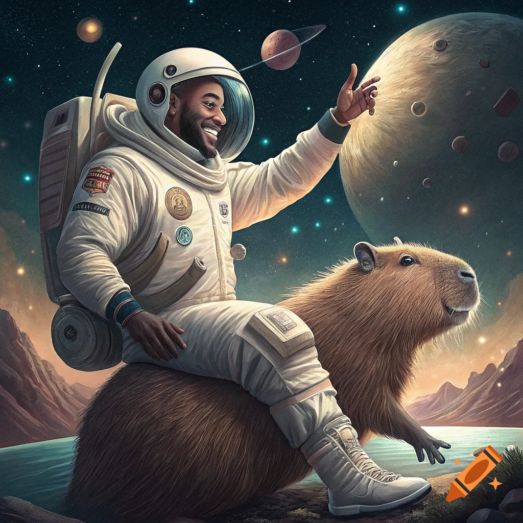 An astronaut rides a capybara across an alien landscape with planets and stars in the background.