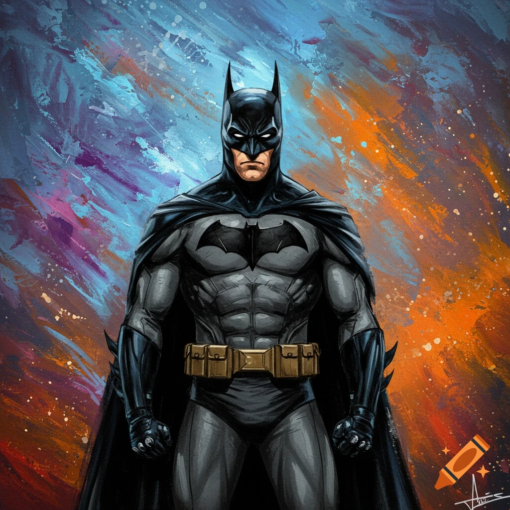 Painting of Batman in a dark grey suit standing in front of an abstract background with blue, purple, and orange colors.