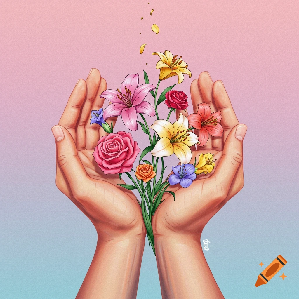 Hands holding a bouquet of colorful flowers.